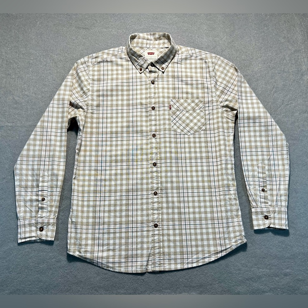 Levi’s Men’s Large Classic Standard Fit Western Shirt Beige Plaid Cotton